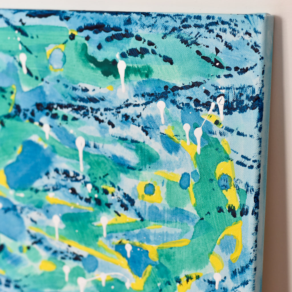 Flowing Serenity: "Aqua 4" Abstract Art. This miniature artwork by Gina Vor uses acrylics to create a calming scene of moving water in blues & greens with touches of yellow & white.