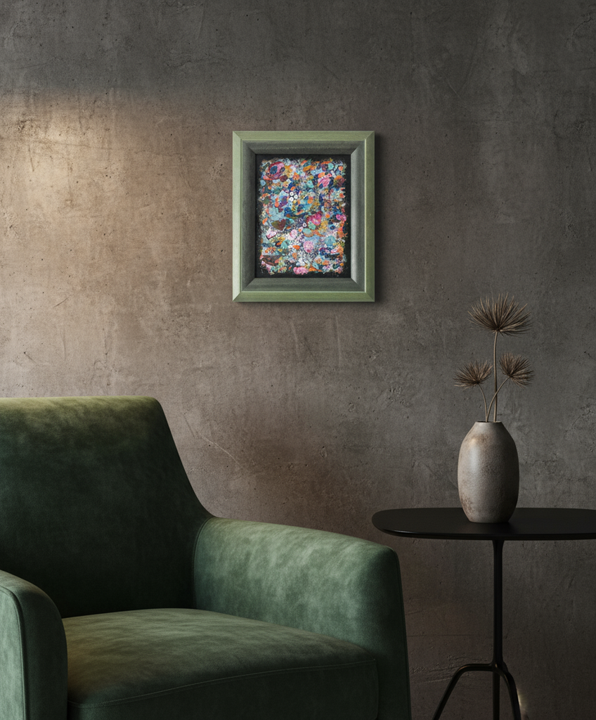 Framed abstract artwork on a textured wall above a green armchair.
