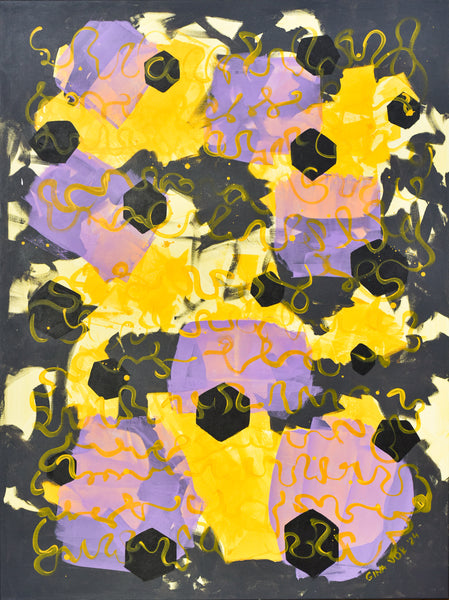 Abstract painting with vibrant yellow, lavender, and black shapes: A lively abstract artwork featuring bold yellow and soft lavender patches, interspersed with black hexagons and golden squiggly lines, set against a dark background, creating a playful and dreamlike atmosphere.