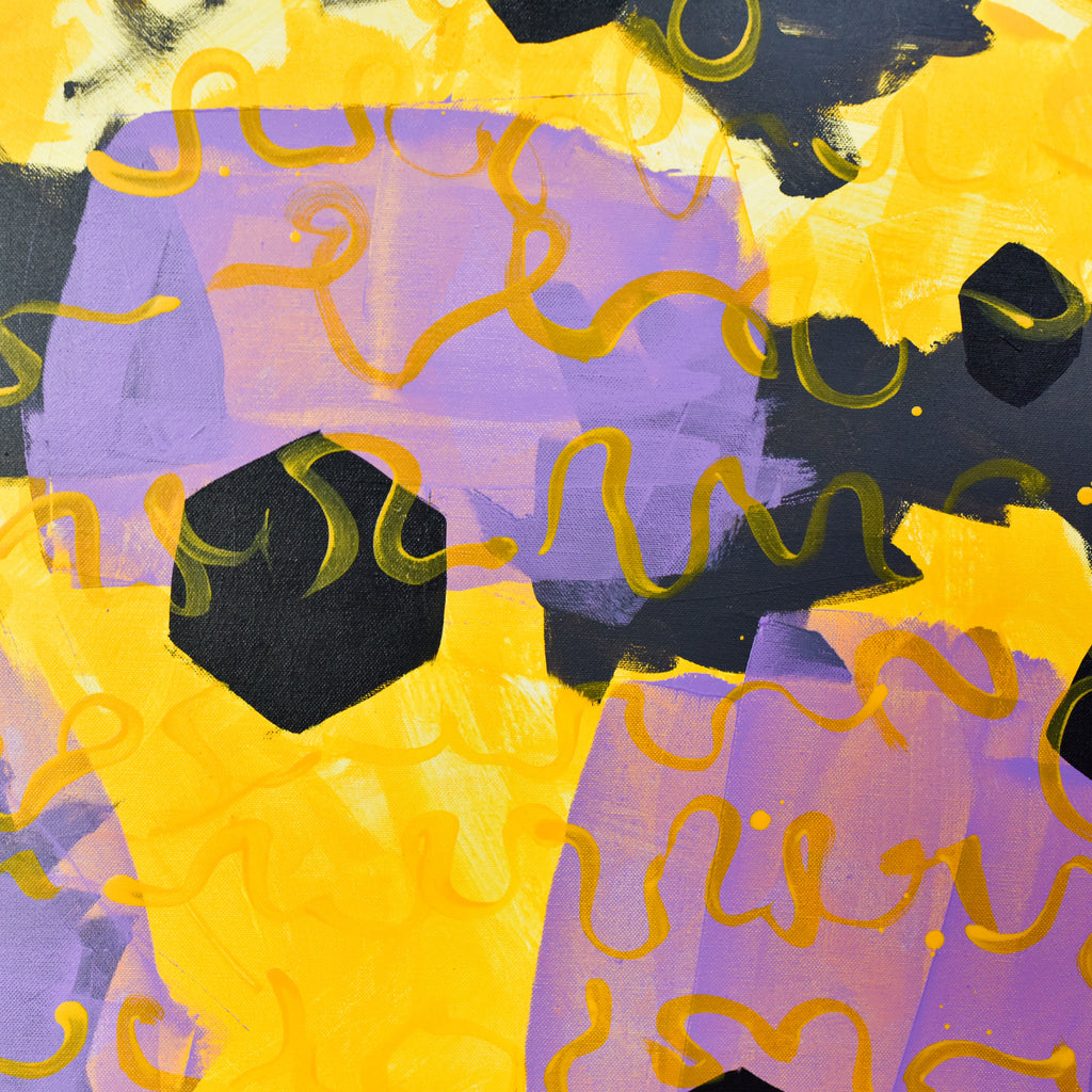 Abstract art with bright colors and geometric patterns: A vivid mix of yellow and lavender blocks paired with black hexagons and swirling golden ribbons, set against a contrasting dark backdrop, creating a sense of motion and imagination.