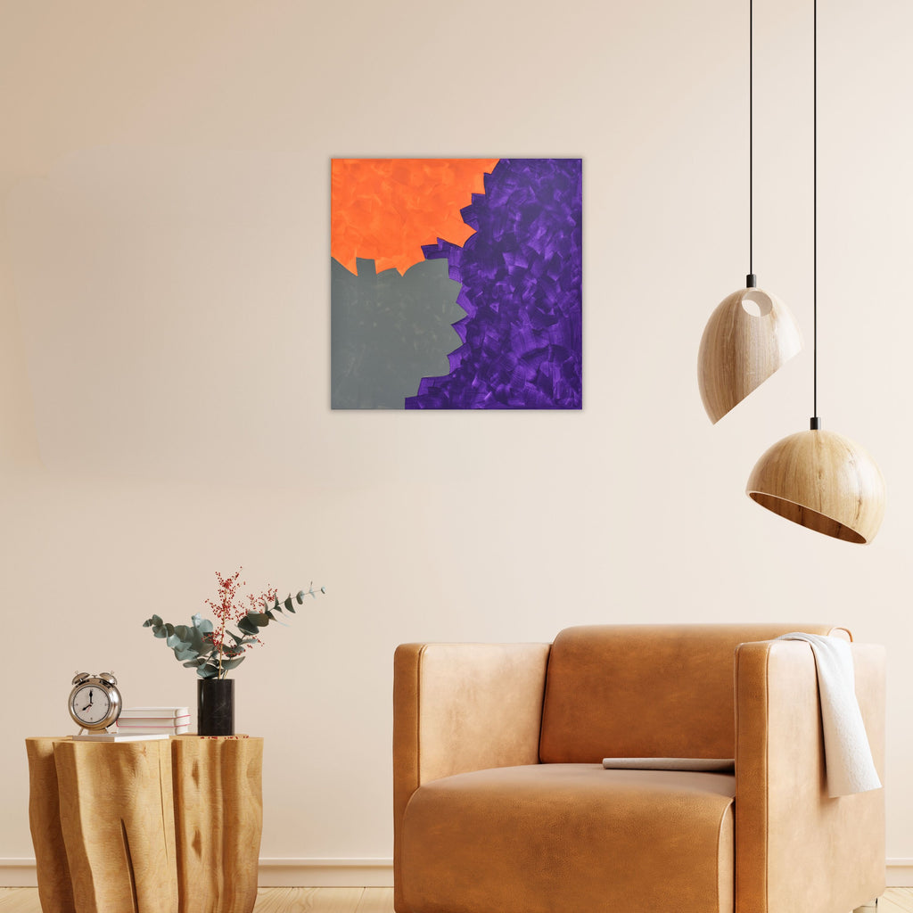 Abstract Painting by Gina Vor. This captivating geometric abstract utilizes contrasting grey, orange & purple. A modern & visually striking piece.