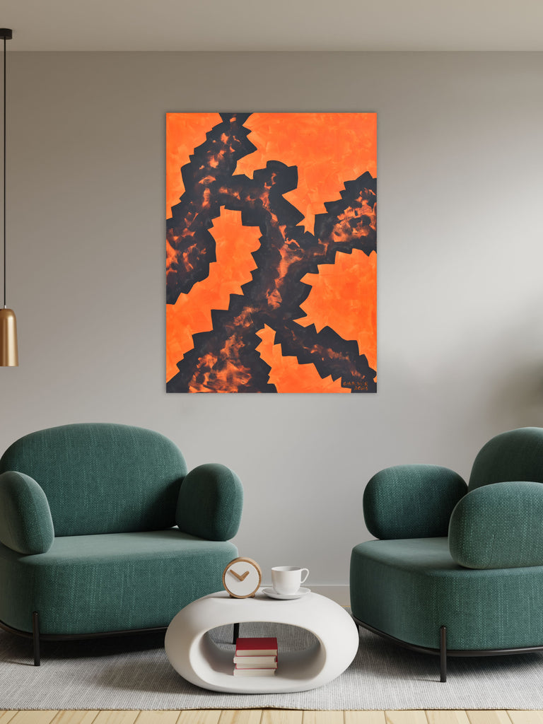 Contemporary artwork: Dynamic composition with orange background and dark grey forms. Gina Vor's Impact series.