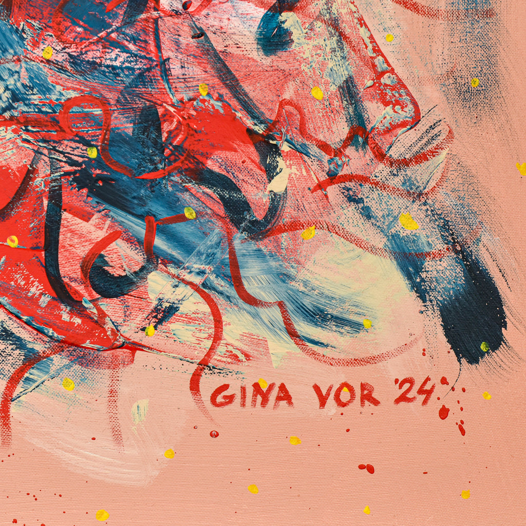 Gina Vor’s Passion in a vertical abstract style, where red and blue brushstrokes create a chaotic but harmonious scene, enhanced by yellow splatters on a warm peach background. Acrylic on canvas.