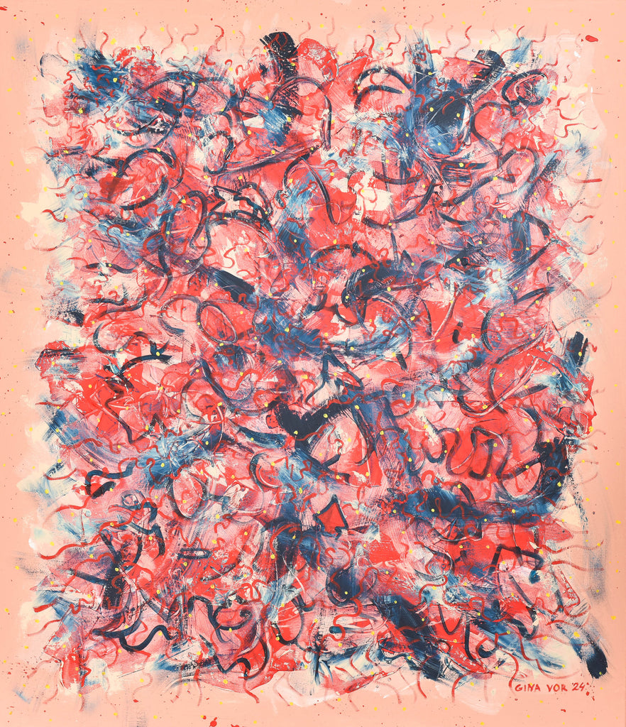 An expressive abstract painting by Gina Vor titled Passion, featuring bold red and blue brushstrokes swirling against a warm peach background, with yellow splatters adding vibrant accents. Created with acrylics on a large vertical canvas, available for sale online