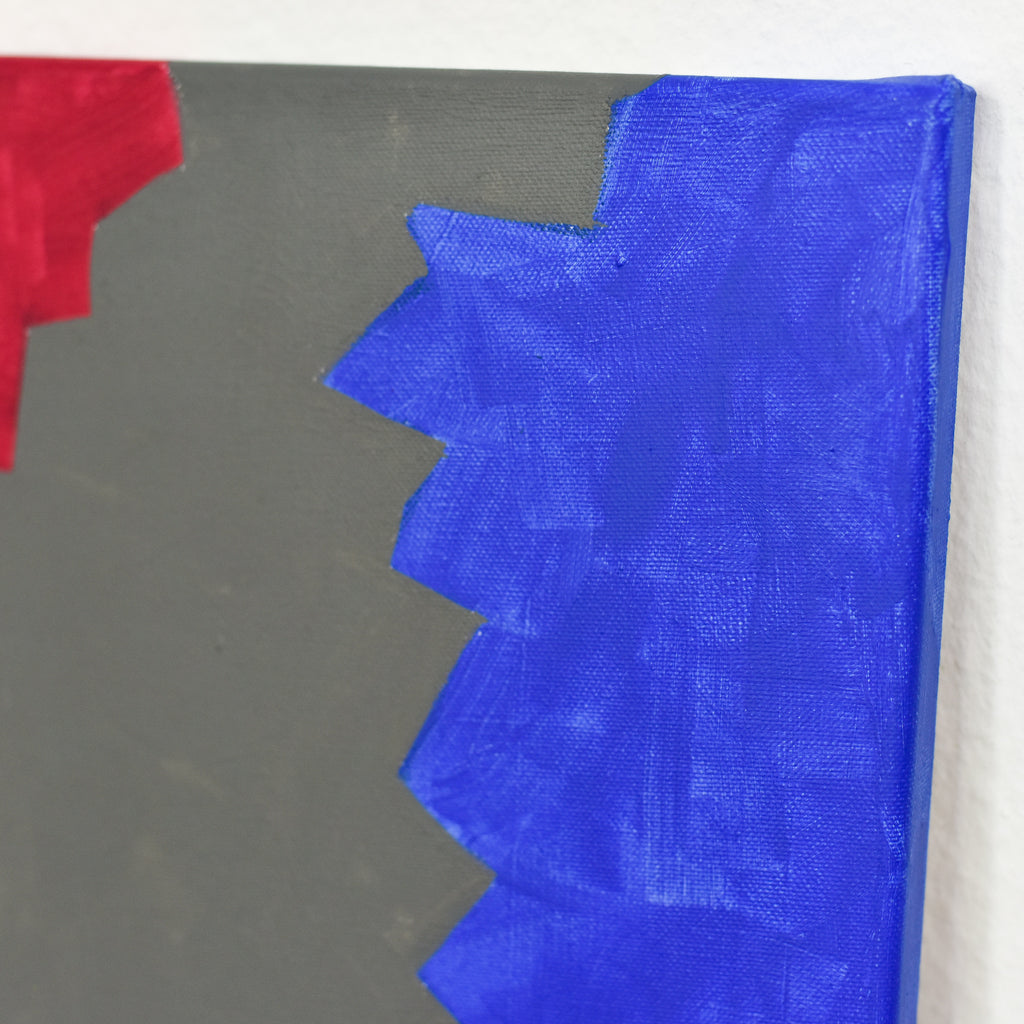 Bold Lines & Soothing Colors: Abstract Art by Gina Vor. This captivating miniature artwork features cool grey, energizing red & calming blue with bold geometric lines. A modern conversation starter.