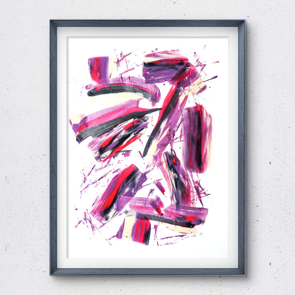 Framed abstract art with pink and purple brush strokes on a white background