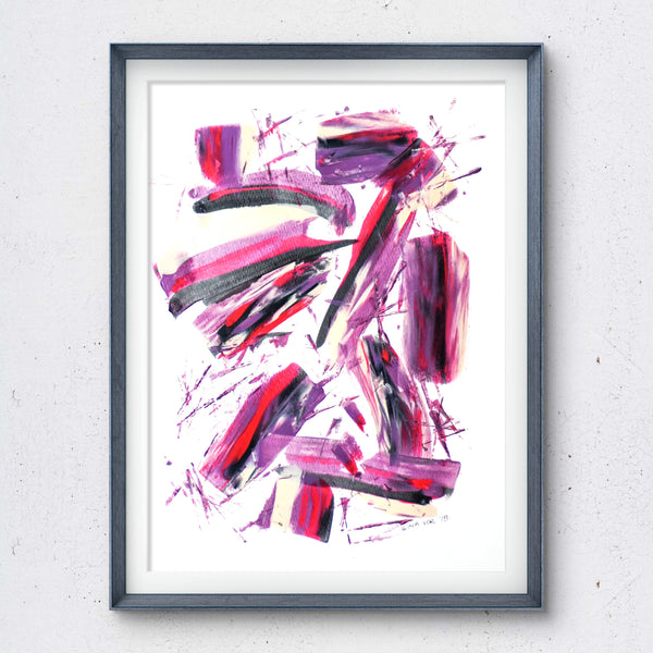 Framed abstract art with pink and purple brush strokes on a white background