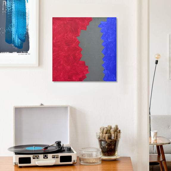 Dynamic Geometry: Abstract Painting by Gina Vor. Gina Vor's captivating miniature features cool grey, pops of red & blue, and bold geometric lines for a modern & energizing composition.  pen_spark