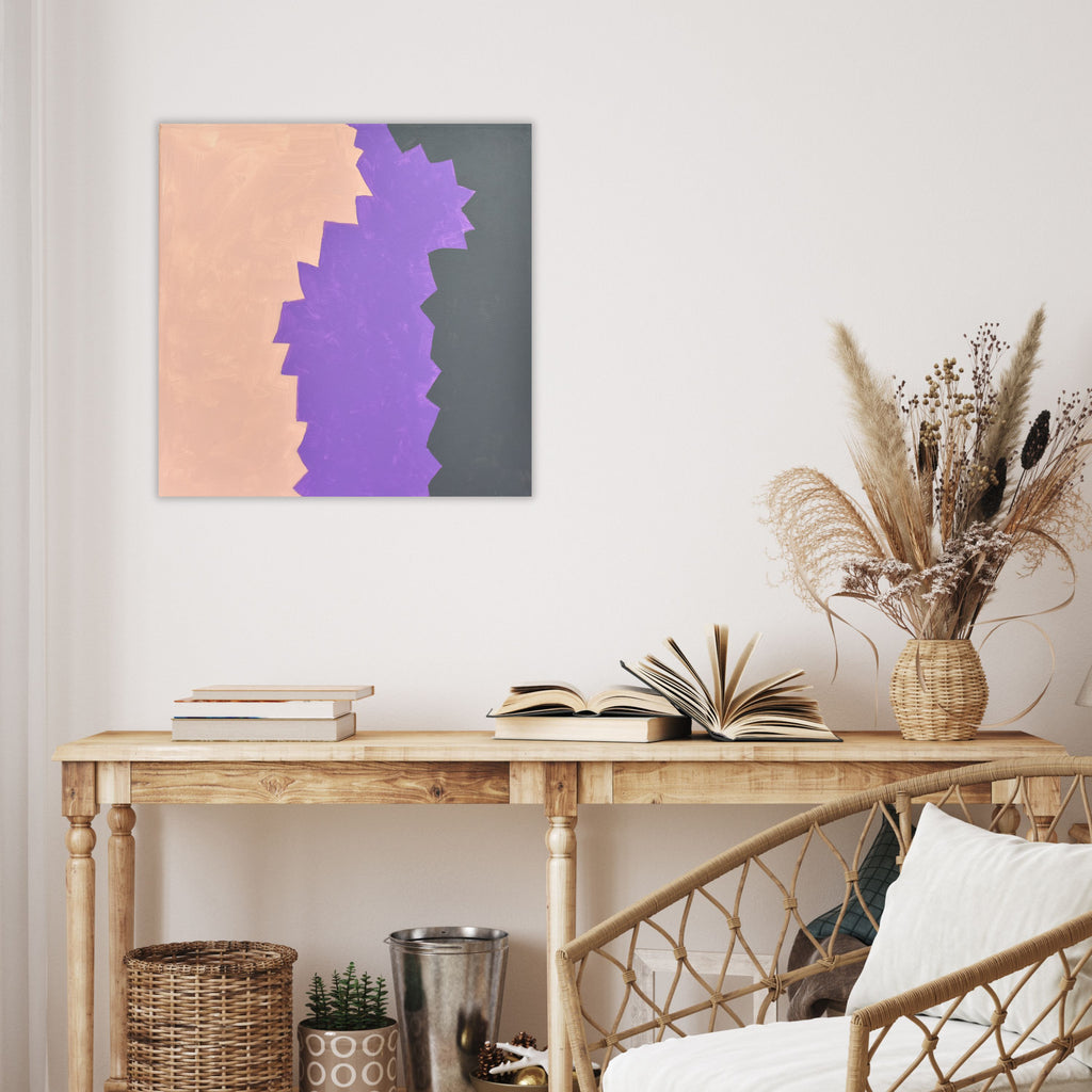 Geometric Elegance: Abstract Painting by Gina Vor. This captivating artwork by Gina Vor combines bold geometric lines with a harmonious blend of cool greys, light beiges & elegant violets.