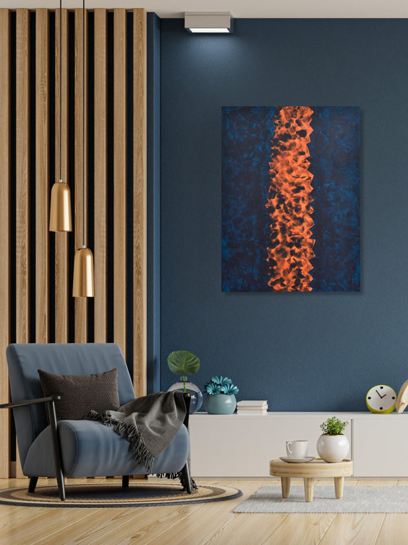 Original abstract artwork with vertical orientation, showcasing bold dark blue and orange tones by Gina Vor