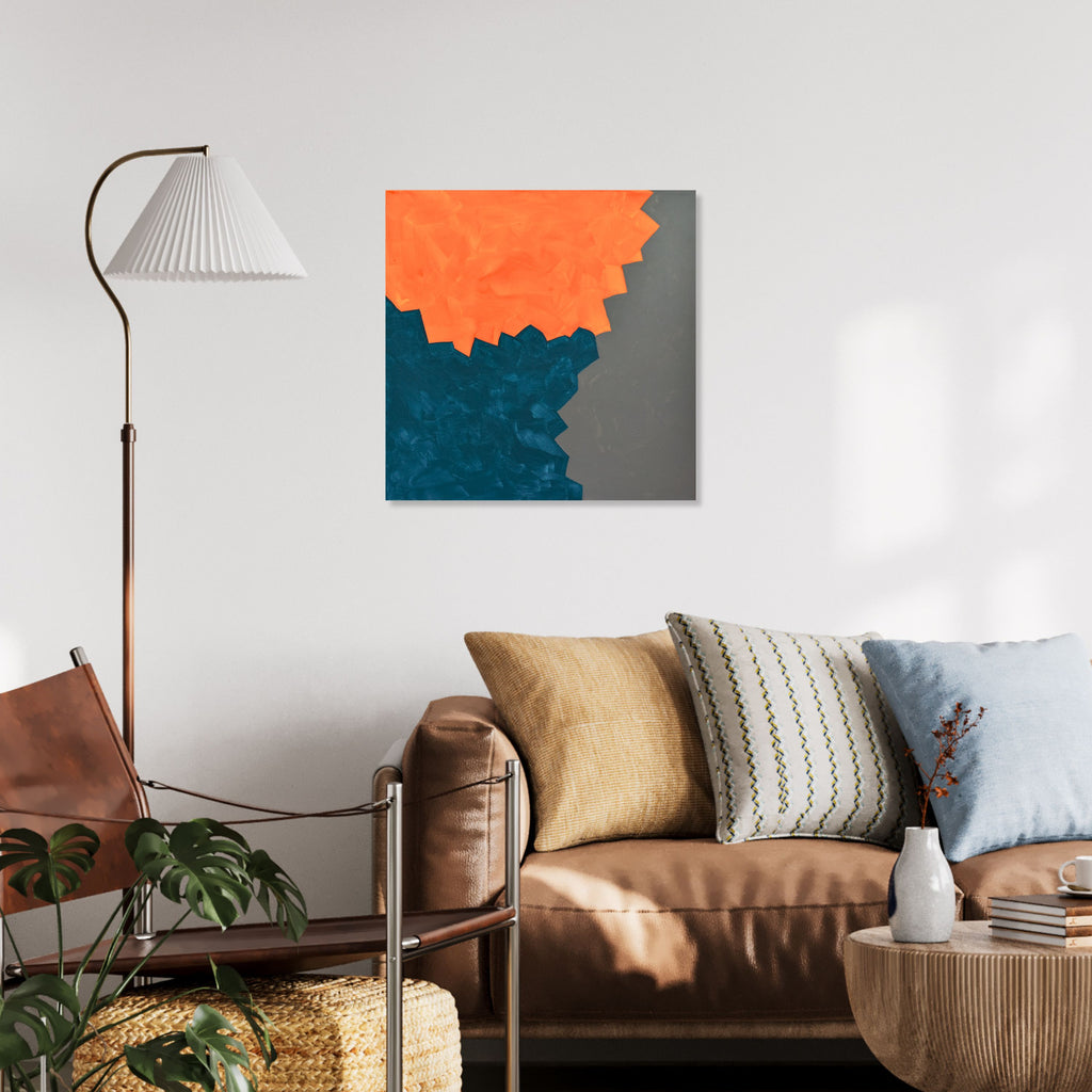 Geometric Harmony with a Pop: Abstract Painting. Soothing cool grey meets vibrant orange & tranquil turquoise in this captivating miniature abstract with bold brushstrokes. A modern statement piece.