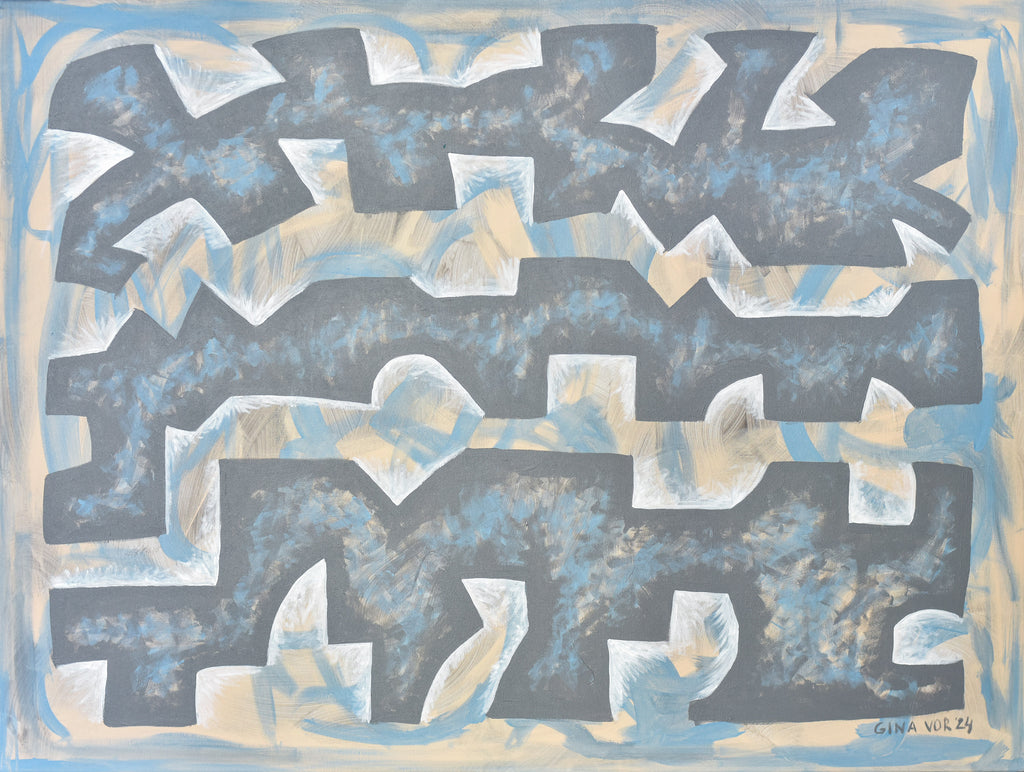 Abstract Geometric Painting with Neutral Tones
A contemporary painting by Gina Vor titled "Cascades," featuring bold geometric shapes in gray and blue with soft beige and white accents.