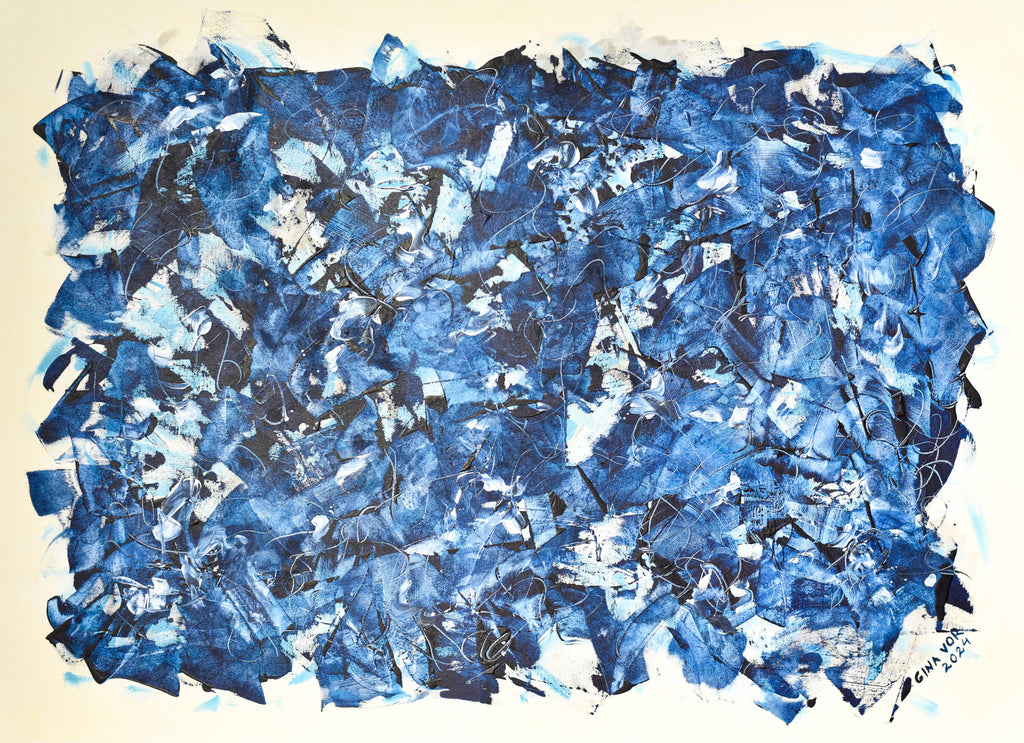 "Prussian Blue" abstract painting with deep blue brushstrokes, layered textures, and hints of white resembling chaotic yet harmonious movement.