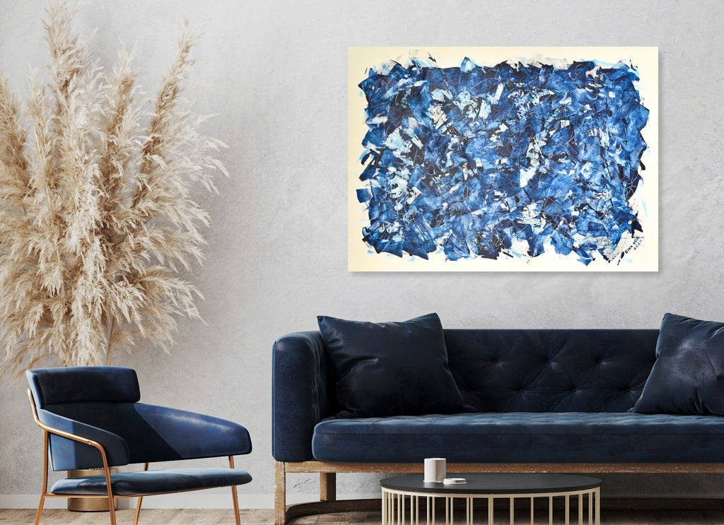 Abstract artwork titled "Prussian Blue" by Gina Vor, featuring bold blue shades interspersed with soft white streaks on a textured background.