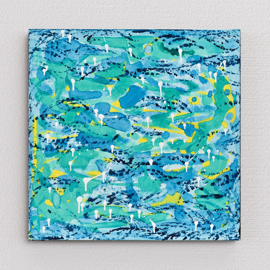 Underwater Dreamscape: "Aqua 4" Abstract Painting. Cool blues & greens dominate this miniature artwork by Gina Vor, capturing the serenity of moving water. Touches of yellow & white add warmth.  pen_spark