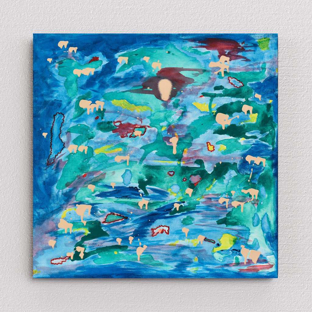 Earth Meets Sea: Abstract Painting by Gina Vor. Blues, greens, & beige evoke a natural scene, with pops of red adding a touch of intrigue. A captivating miniature artwork.