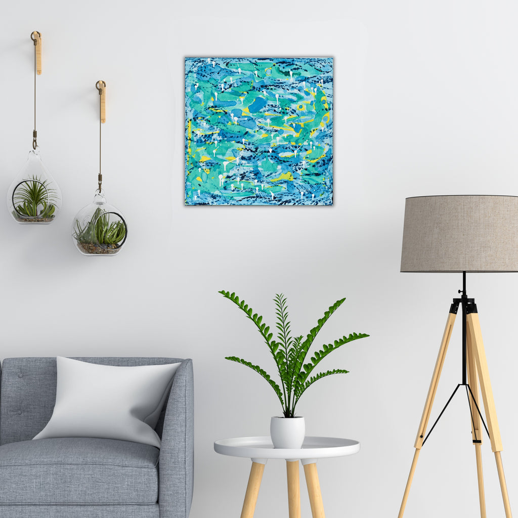 Modern Minimalism: Water Series - "Aqua 4". Gina Vor's captivating miniature abstract features a watercolor-like effect with blues, greens, yellow & white. A tranquil addition to modern spaces.