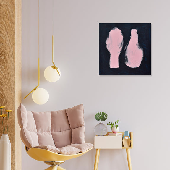 Minimalist Shoe Love: "Pink Loafers". This captivating miniature abstract by Gina Vor celebrates the joy of colorful shoes with a touch of cerulean blue.
