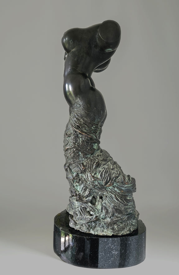 A 1995 bronze sculpture by Aloyzas Smilingis-Elis, depicting the torso of a female dancer. The upper body is polished and smooth, while the lower section has a textured, organic pattern. The piece is mounted on a dark, round base.
