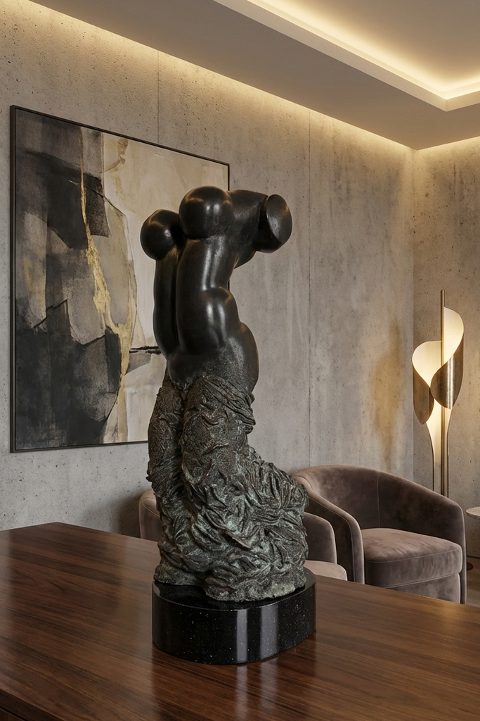 Decorative bronze sculpture on a wooden table in an elegant room with a chair and abstract art.