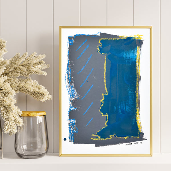 Modern Minimalism: Grey, Blue & Yellow Abstract. Acrylics & oil pastels on recycled matting create a captivating interplay of cool tones with a pop of sunshine yellow. A statement piece for contemporary spaces.