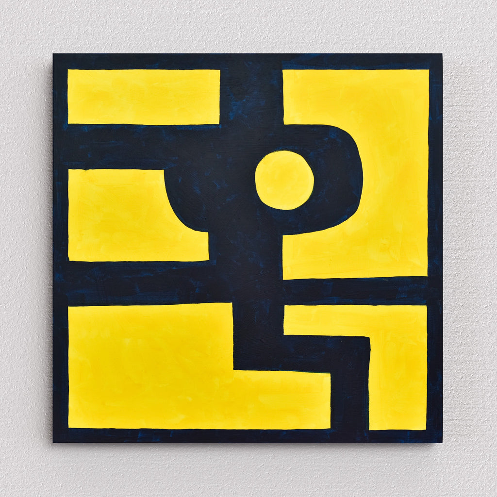 Abstract artwork: imperfect yellow shapes on dark blue create a dynamic composition reminiscent of Tetris.