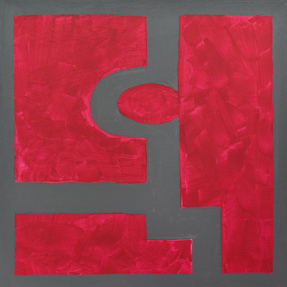 Abstract artwork with cool gray background and bold red geometric lines, inspired by Tetris.