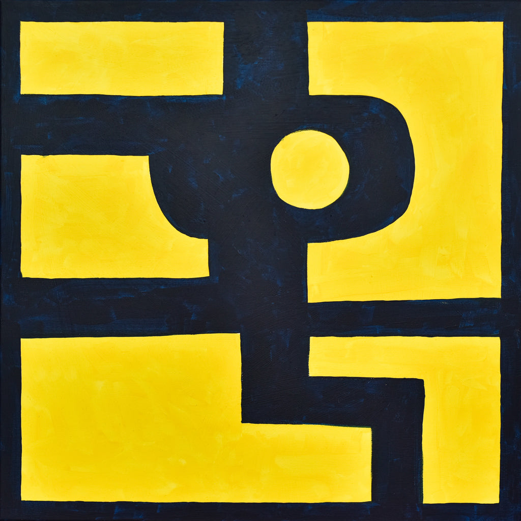 Abstract painting with bold yellow shapes on a dark blue background, inspired by Tetris.