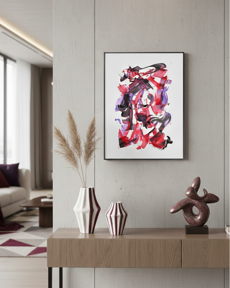 Modern living room with abstract art, vases, and a sculpture.