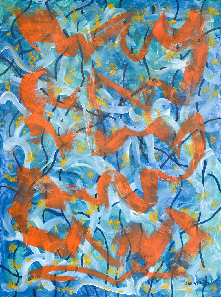 Abstract painting with expressive orange brushstrokes layered over a textured blue background, accented with white and black lines and small yellow details.