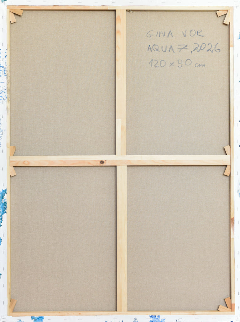 The back of a framed canvas painting showing a four-panel grid structure with beige linen fabric and light wood framing. Handwritten text in the top right reads 'GINA VOR AQUA F.