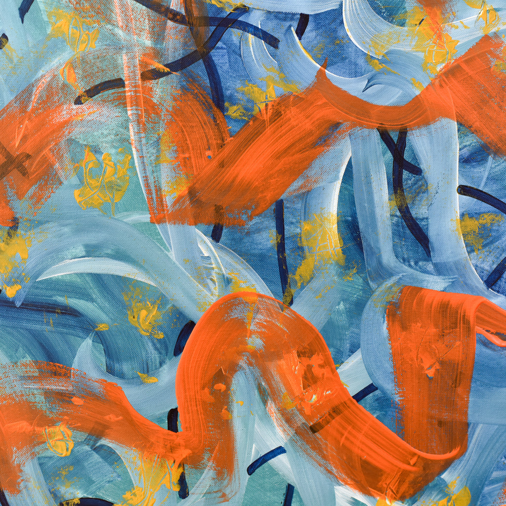 Abstract painting with expressive brushstrokes in vibrant orange, light blue, white, and touches of yellow and dark navy.