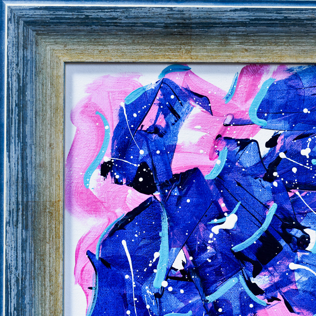 Abstract art with blue and pink colors in a wooden frame, available for sale online