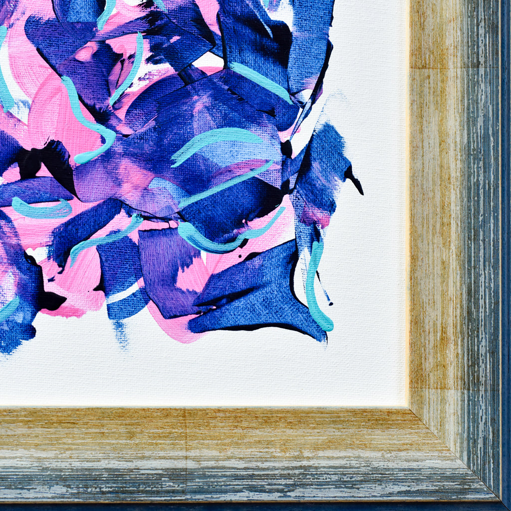 Abstract artwork with blue, pink, and purple colors in a wooden frame.