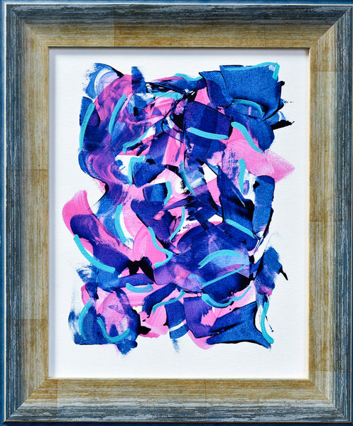 Abstract painting by Gina Vor with blue and pink hues in a wooden frame, available for sale online