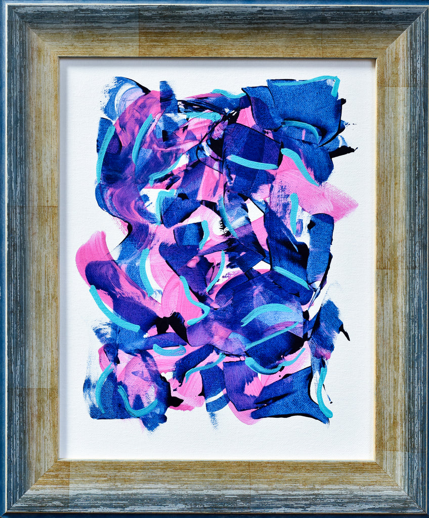 Abstract painting by Gina Vor with blue and pink hues in a wooden frame, available for sale online