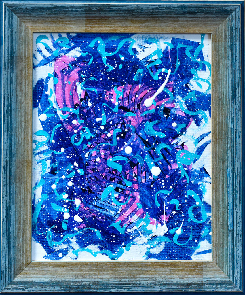 Abstract art piece with blue and pink patterns in a wooden frame, available for sale online
