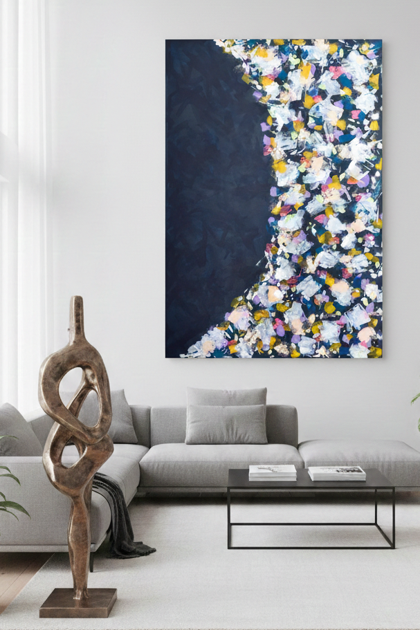 Modern living room with abstract floral artwork on the wall