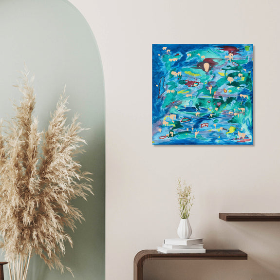Textured Abstract: Untitled by Gina Vor. Acrylics create a captivating interplay of cool & warm tones. Blue & green dominate, with hints of beige & red for a touch of earthiness.