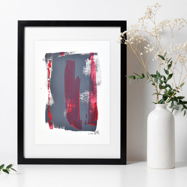 Grey & Red Abstract: Bold red rectangle pops against a calming grey background in this acrylic artwork on recycled matting. A minimalist masterpiece perfect for contemporary spaces.  pen_spark