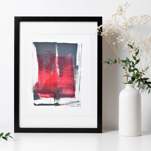 Modern Minimalism: Cool Grey & Red Abstract. Bold red strokes add vibrancy to the sleek grey on white background. Acrylics on recycled matting. A statement piece for modern spaces.