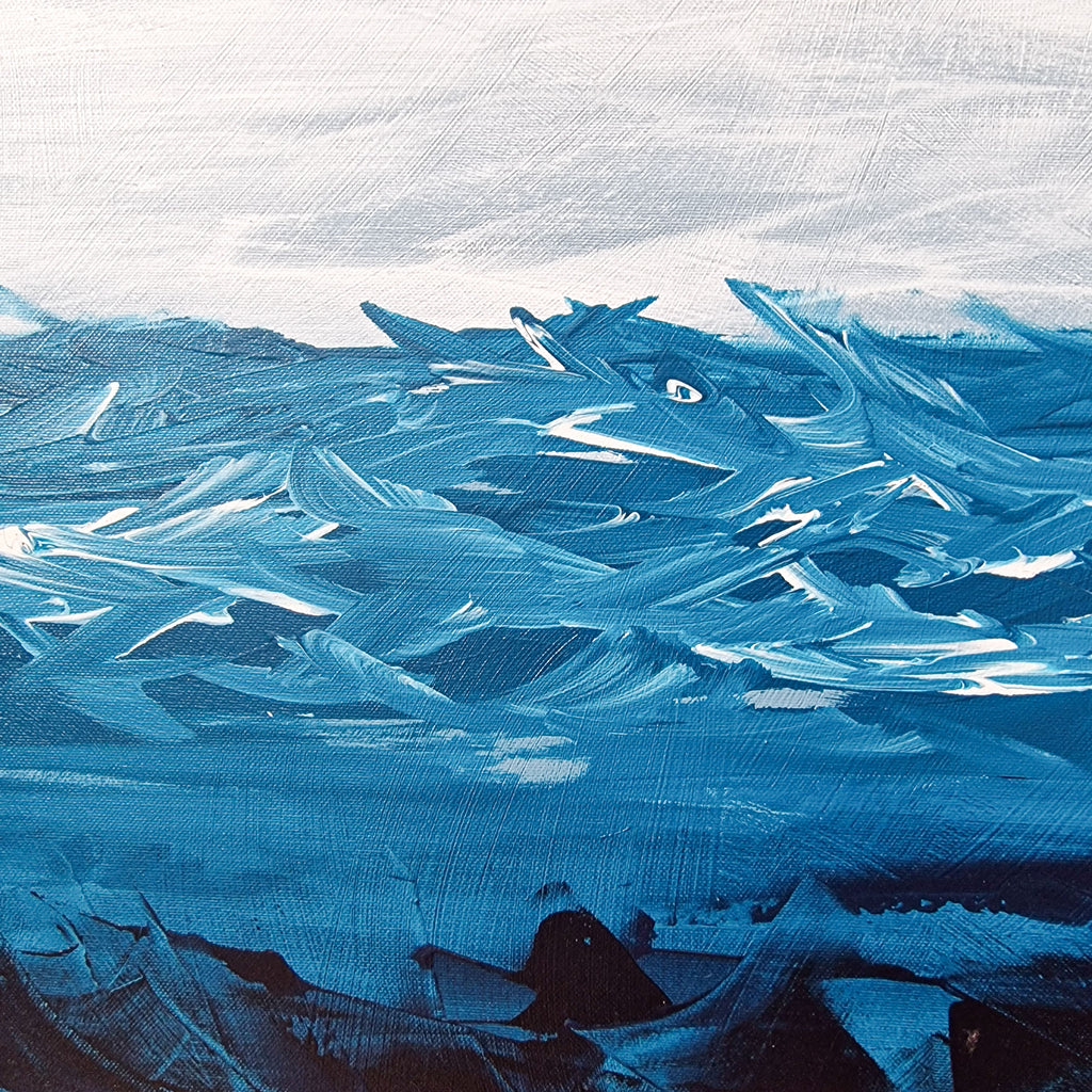 Abstract painting of a blue landscape with brush strokes