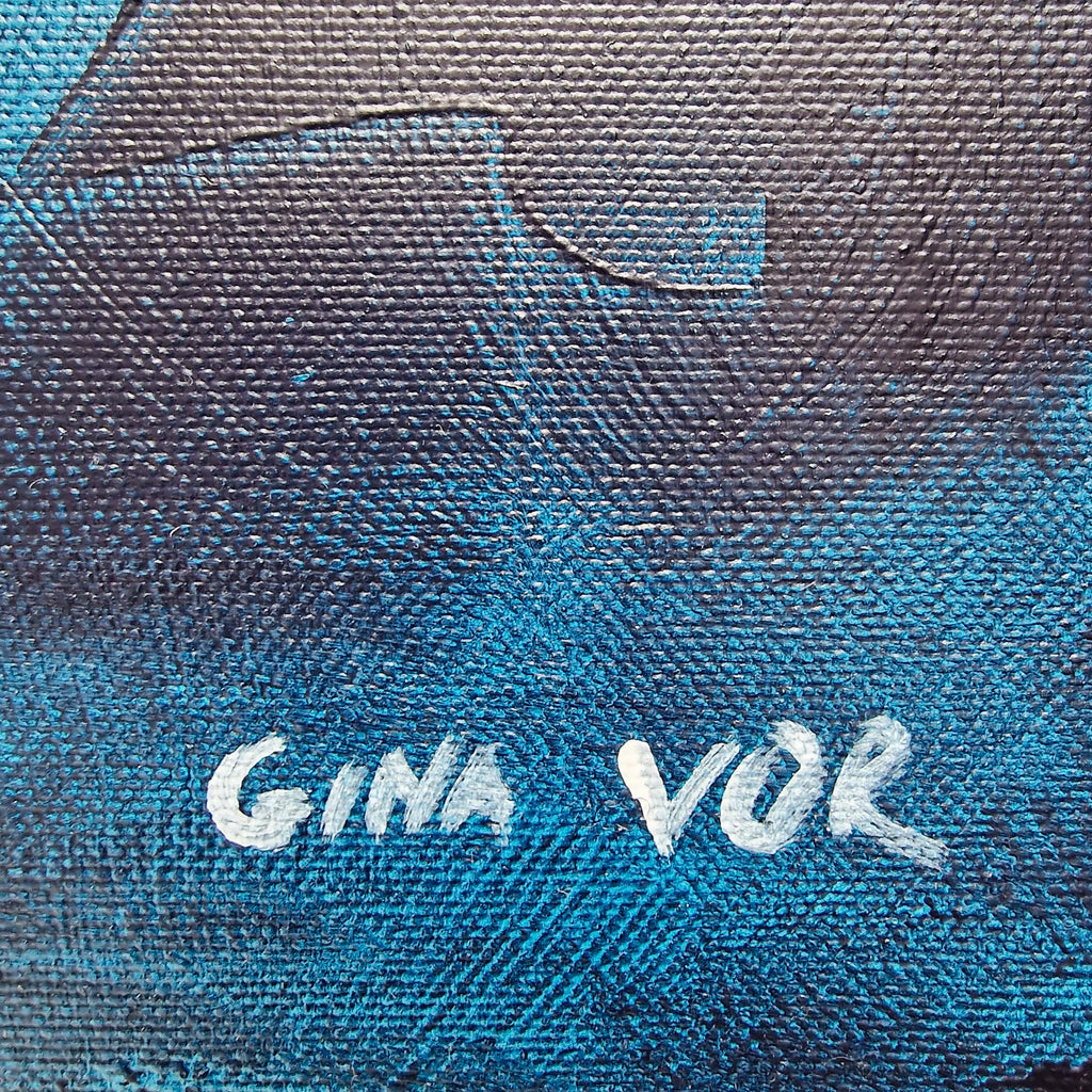 Signature 'Gina Vor' on a textured blue and gray background