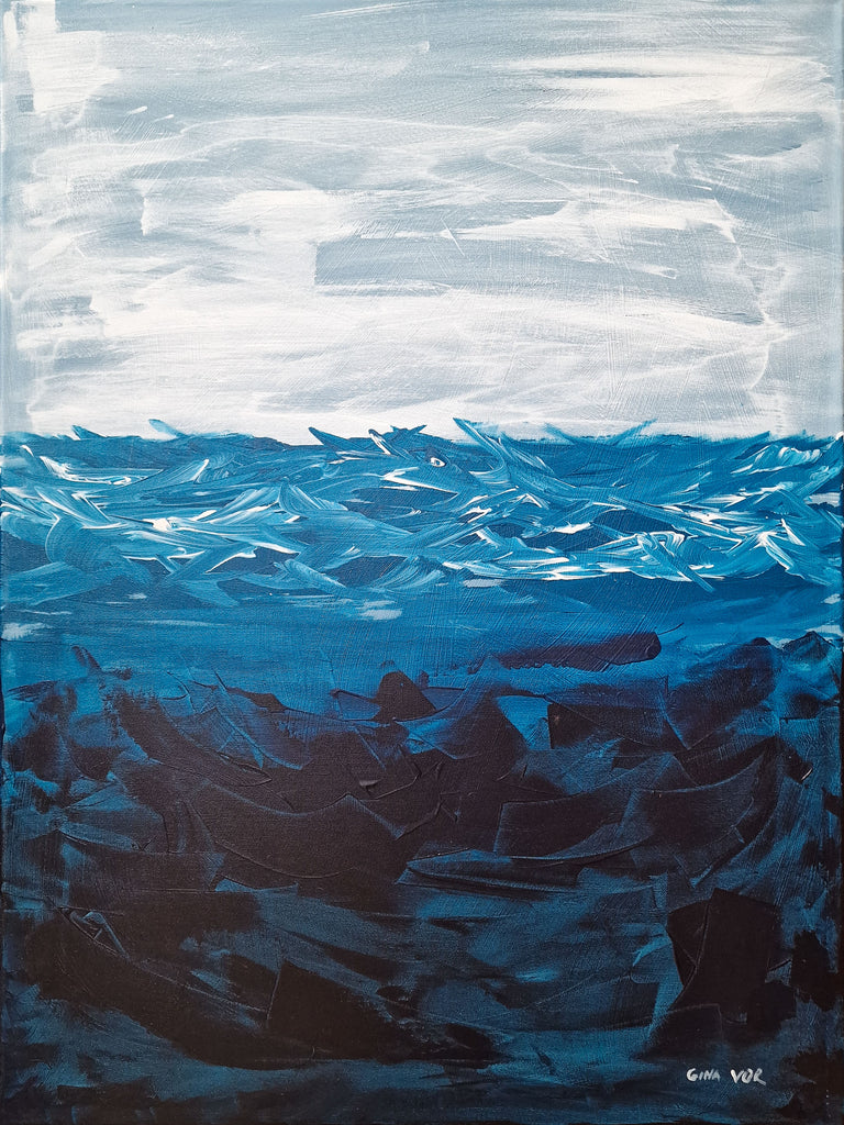 Abstract painting of blue and white waves