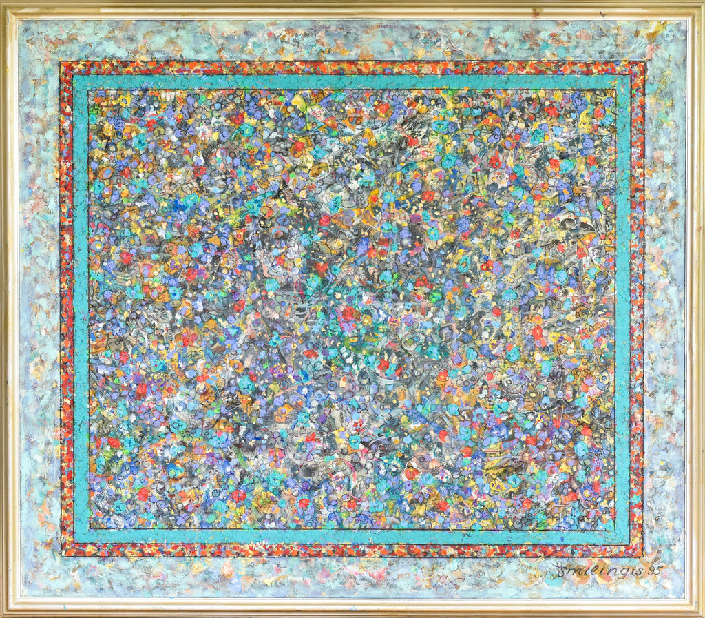 A vibrant abstract painting titled "Autumn" by Aloyzas Smilingis-Elis, featuring a mosaic of colorful shapes in blues, oranges, reds, and greens, framed by layered turquoise and red borders.