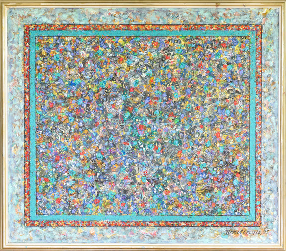 A vibrant abstract painting titled "Autumn" by Aloyzas Smilingis-Elis, featuring a mosaic of colorful shapes in blues, oranges, reds, and greens, framed by layered turquoise and red borders.