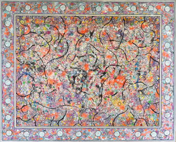 Abstract painting by Aloyzas Smilingis-Elis with a vibrant color palette: A large mixed-media artwork (130x160 cm) featuring intricate textures, organic black lines, and a rich blend of orange, pink, blue, and purple hues. Circular motifs and scattered dots create a dynamic, energetic composition framed by a decorative border.