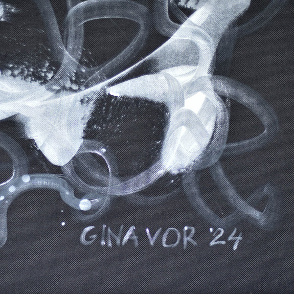 Close-up of artist Gina Vor's signature in the bottom right corner of a large black and white abstract painting. The signature, written in white, contrasts against the dark background of the artwork, marking the piece as an original creation from 2024.