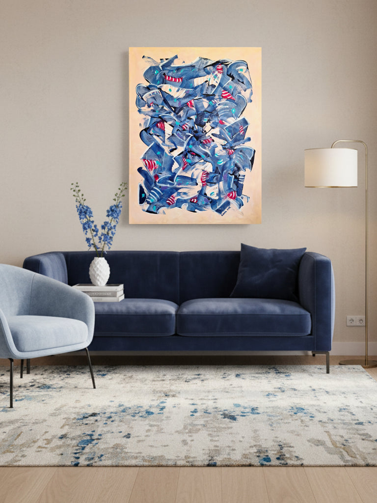 Modern living room with a blue sofa, abstract painting available for sale.