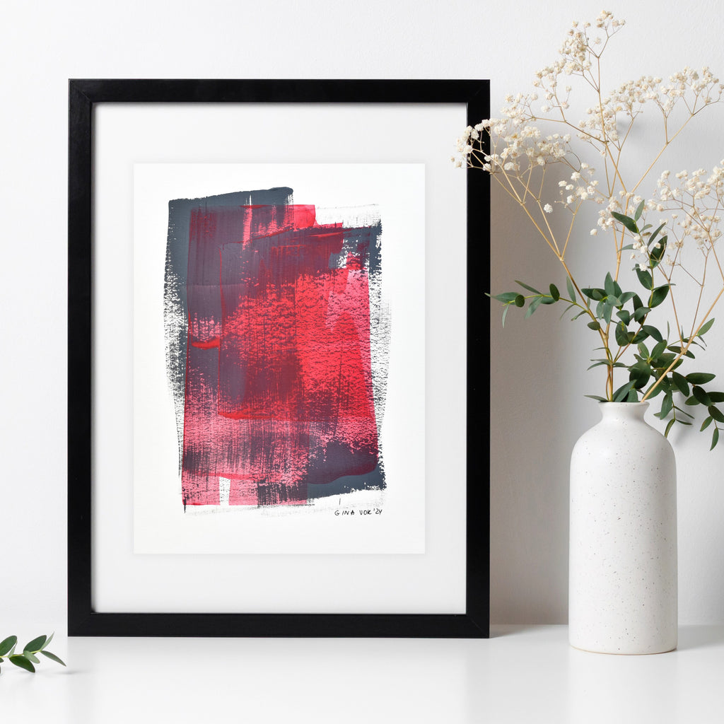 Modern Minimalism Masterpiece by Gina Vor: Cool grey & bold red dance on white, creating a serene yet vibrant abstract artwork. Acrylics on recycled matting. A statement piece for contemporary spaces.